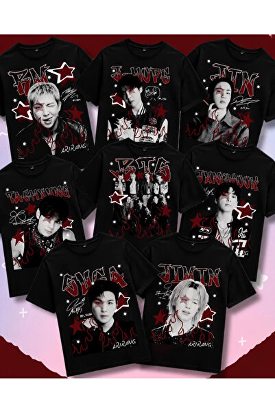 Mercher Club BTS K-Pop Team, Group Baskılı Siyah Regular T-Shirt – Jin RM V J...