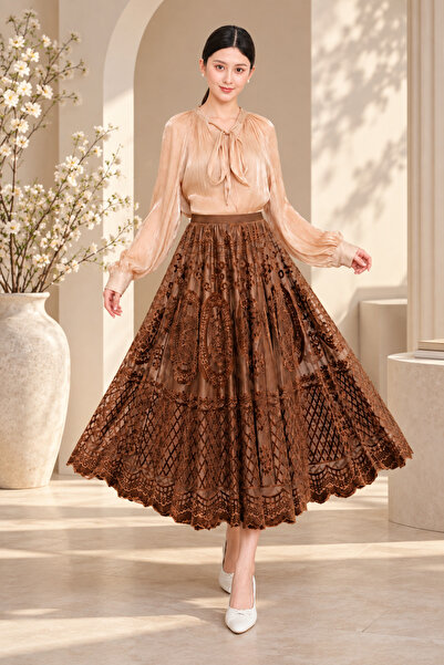 LAYARA COUTURE Women’s Elegant Velvet Lace Long Skirt