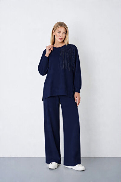 Kadın Taş İşlemeli Oversize Sweatshirt Pantolon Takım