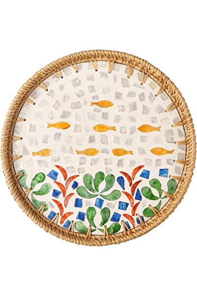 KASTWAVE Round Rattan Serving Tray, Handcrafted Luxury Mother of Pearl Inlay ...