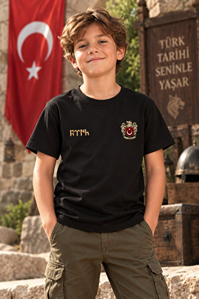 WİDİ Çocuk Türk Armalı Baskılı Tişört – Göktürk Yazılı Kısa Kollu Bisiklet Ya...