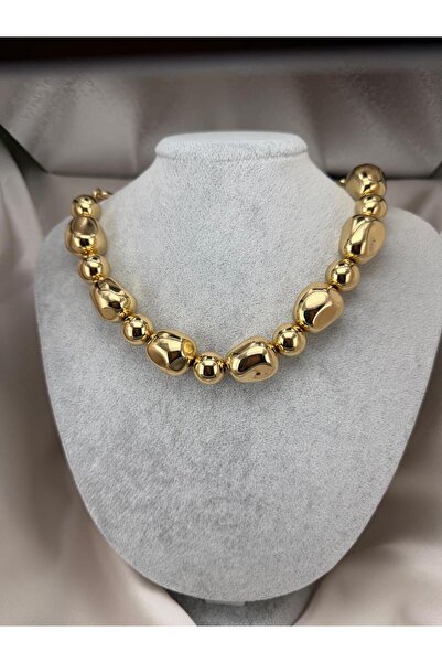 ZS Aksesuar Gold Color Bead Chain Necklace – Oval and Round Beaded Glamorous ...