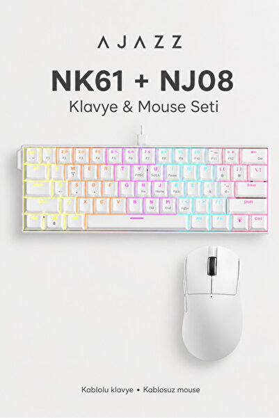 Ajazz NK61 Red Switch Kablolu Mekanik Klavye ve NJ08 Kablosuz Mouse Seti Beyaz
