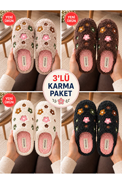 STOCON 3-Pack Plush Home Slippers Colorful Floral Embroidered Closed Toe Soft...