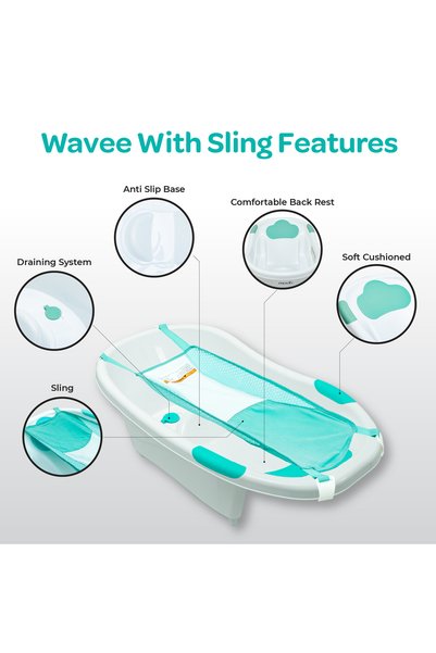Moon Wavee Baby Bathtub with Sling –Lightweight ,Durable &Non-Slip Base with Gentle Sling Support-0–3 Years-Green