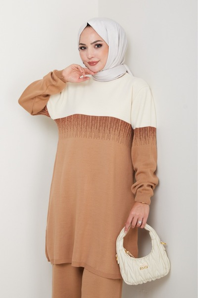 NİLNUR MODA New Season Women's Two-Color Glittery Knitwear Tunic Set with Tro...