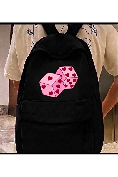 nesebutik Black Heart Pink Dice Printed School, Class, Course Backpack