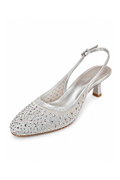 MİSS PARK MODA Mesh and Stone Oval Toe Open-Back Heeled Shoes