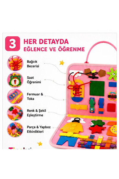 TİNEKE 3+ Yaş Keçe Eğitim Kitabı Montessori Eğitici Aktivite Oyuncağı Beceri ve Zeka Geliştirici Çocuk Kitabı 4 SAYFA PEMBE-İNG