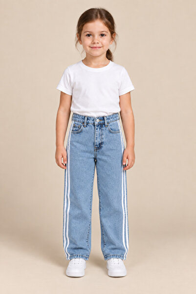 WGOCC JEANS Kız Çocuk Yüksek Bel Yan Şeritli Düz Paça Desenli Kot Pantolon