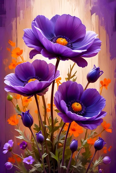 Aden TABLOU PE CANVAS DIGITAL DECORATIV CU FLORI VIOLETE ȘI PORTOCALE