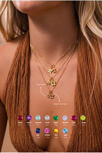 Minon Jewelry Kişiselleştirilebilir Harfli ve Doğum Taşlı Çiçek Kolye - Sevgi...