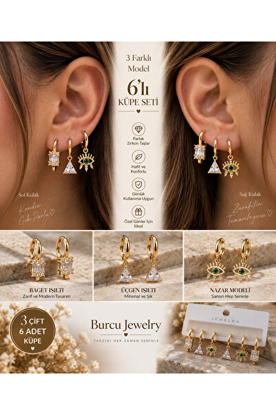 BURCU JEWELRY Aura Nazar Işıltısı 6-Piece Earring Set – 3 Pairs Gold