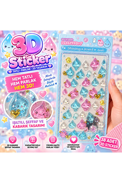 Fetih Bujteri ve Aksesuar Damla 3D Sticker Seti 38 Adet | Kawaii Jel Sticker,...