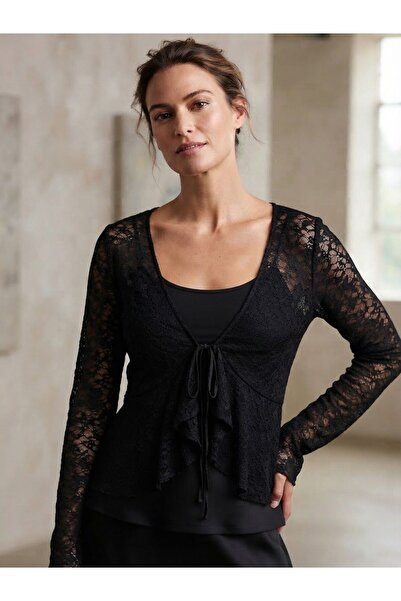Hülya Boutique Bağlamalı Dantelli Transparan Tül Hırka, Fırfır Detaylı Kadın ...