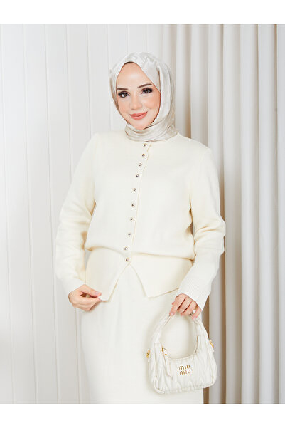NİLNUR MODA طقم تنورة تريكو أساسية بأزرار للنساء من الموسم الجديد