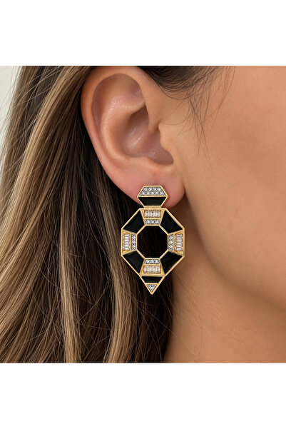 ANKA JEWELLRY KADIN GOLD SİYAH TAŞLI GEOMETRİK SARKIT KÜPE
