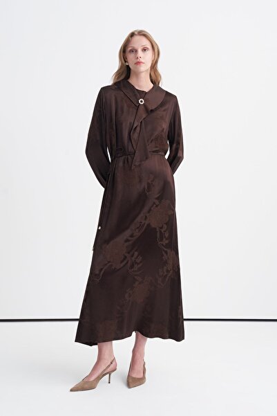Zühre Brooch Scarf Collar Floral Patterned Brown Dress 0624