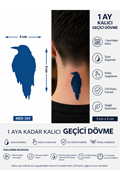 medink tattoo 1 Ay Kalıcı 24 Saat Sonra Kararan 5X5 cm minimal Kuzgun model G...