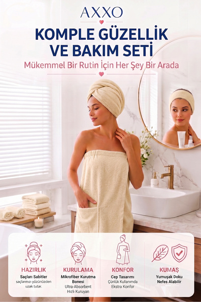 AXXO 3'lü Spa Bakım Seti - Mikrofiber Spa Havlusu, Saç Bonesi ve Saç Bandı (3...