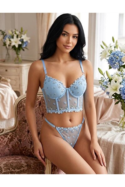 LAVEN Tecna Balenli Nakışlı Büstiyer & Külot Takımı – Bebe Mavisi