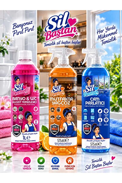 BANYO & WC (1000 ml, 1 adet), MUTFAK YAĞ SÖKÜCÜ (575 ml, 1 adet), CAM PARLATICI (575 ml, 1 adet)