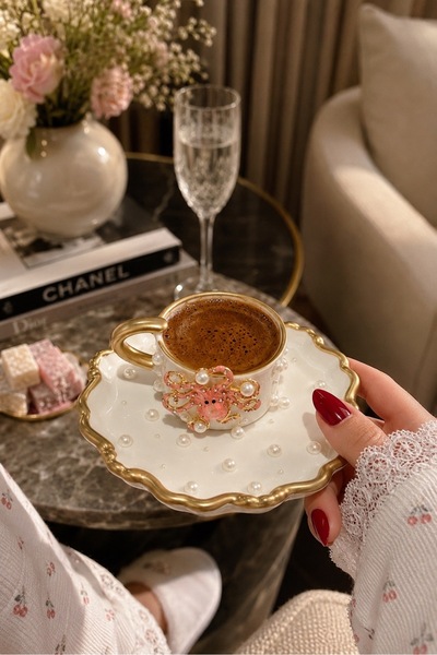 luxurychampagnetr Edoracasa Special Design 2-Piece Turkish Coffee Cup Set with Pearl and Octopus Figures – Blue & Pink with Gold Detail