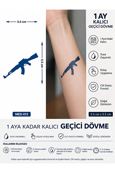 medink tattoo 1 Ay Kalıcı 24 Saat Sonra Kararan 5X5 cm minimal AK-47 model Ge...