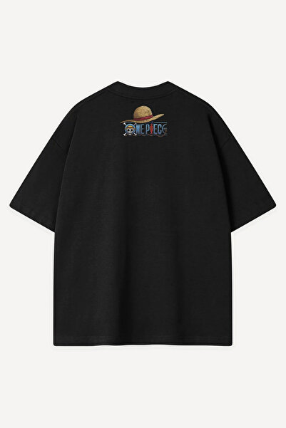Sekizbiraltı Anime Luffy Baskılı Siyah Oversize Tshirt