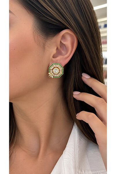 ANKA JEWELLRY Women's Green Stone Geometric Earrings Gold Color Zircon Stone ...