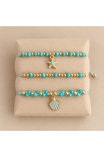 kuqpeli Triple Adjustable Bracelet Set – White Pearl – Pink – Turquoise – Cha...