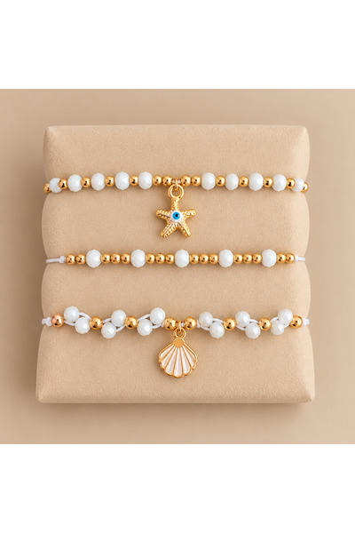 kuqpeli Triple Adjustable Bracelet Set – White Pearl – Pink – Turquoise – Cha...