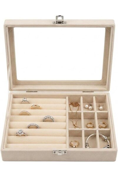 Generic Velvet Jewelry Box with Glass Lid, Beige, Ring & Earring Storage Soft...