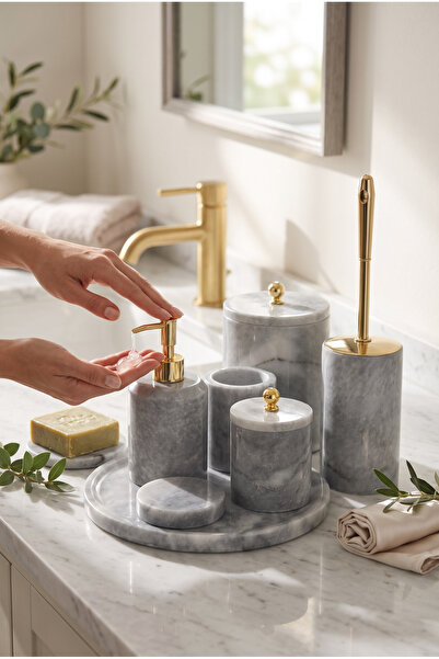İSAOĞLU YAPI Mermer Banyo Seti 7 Parça Gold Mermer Sabunluk Çöp Kovası Diş Fı...