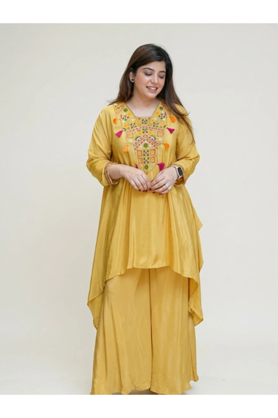 MYSMAR Mustard Yellow French Silk Embroidered Peplum Palazzo Set - RMD9324 | ...