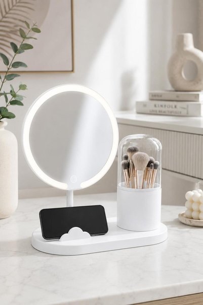NEWNOW LED-beleuchteter Make-up-Spiegel und Pinsel-Organizer – Desktop-Touch-...