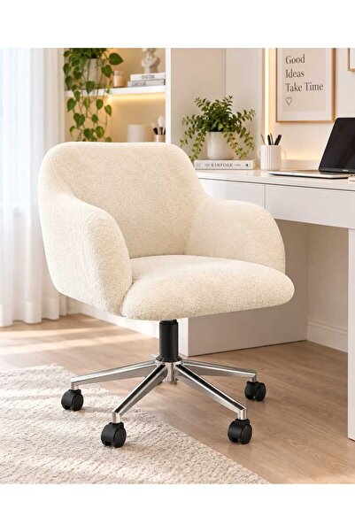Yuems home Krem Peluş Kumaş Krom Ayaklı Çalışma Sandalyesi ve Ofis Koltuğu (Y...