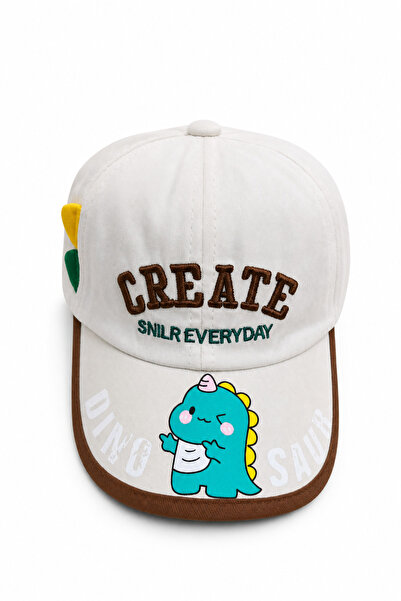 Jack Ferrero Children's Dinosaur Patterned White Cap Hat Embroidered Summer S...