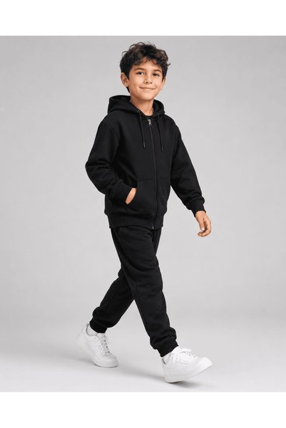 erayalpkids Children's Unisex Black Hooded Zippered Tracksuit Set Bottom Top
