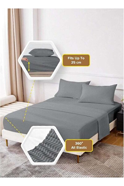 Noon East King Size 3Pc Fitted Sheet Set | Soft Microfiber Material | Stripe Dark Grey Color | 1 Fit