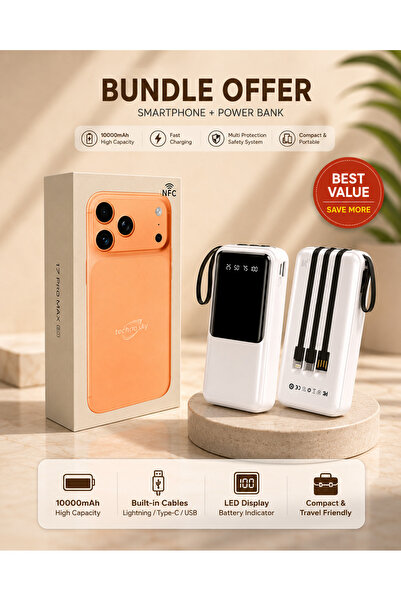 Technosky هاتف ذكي بشاشة عريضة 6.6 بوصة (يدعم NFC) مع بطارية خارجية 20000 ملل...