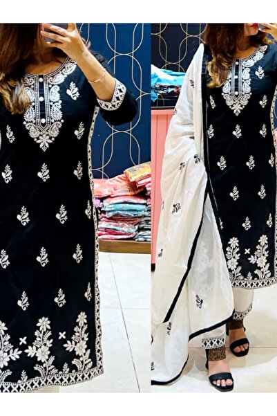 MYSMAR Black Rayon Cotton Chikankari Style Suit Set - FFT8508 | Black-Size:2X...