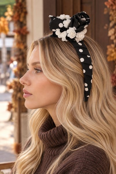 Bukiro Women's Floral Fabric Crown |   Polka Dot and Denim Fabric Crown Handmade Large Floral Hair Accessory Polka Dot Crown