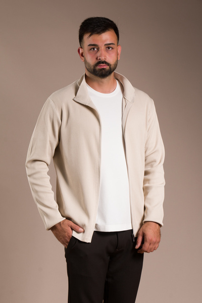 ZEKİ ÖZER Men's Beige Terry Knitted Cardigan