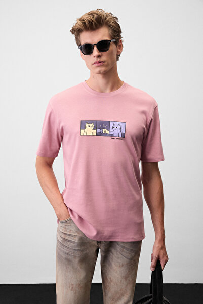 GRIMELANGE Stone Men's Round Neck Front Printed Pink T-Shirt