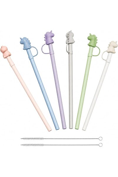 DHB tech Dustproof Reusable Silicone Straws with Cute Dinosaur Covers, 6 Piec...
