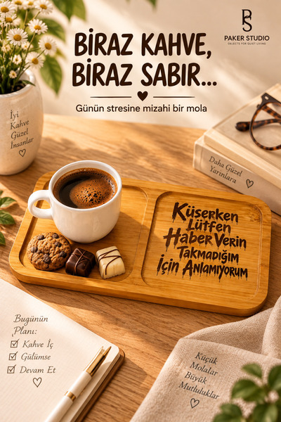 PakerStudio Küserken Please Give Notice Themed 2-Compartment Laser-Engraved Bamboo Coffee Presentation Stand