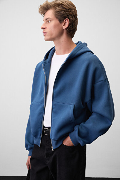 GRIMELANGE Songulo Men's Zippered Hooded Blue Sweatshirt