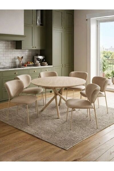 Generic Brand Round Dining Table Wood 6 Chairs Cream