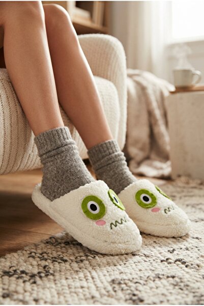 Moda Devrin Beyaz Kurbağa Peluş Gözlü Tasarım Yumuşak Taban Ev Terliği